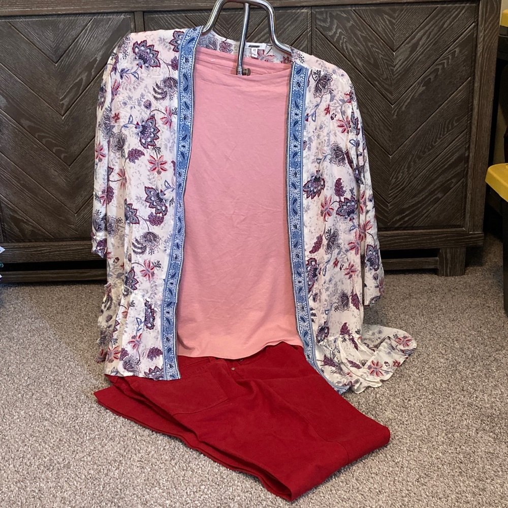 NWOT NYDJ Red Pants, j Jill pink tee and Maurice’s floral multi color cardigan